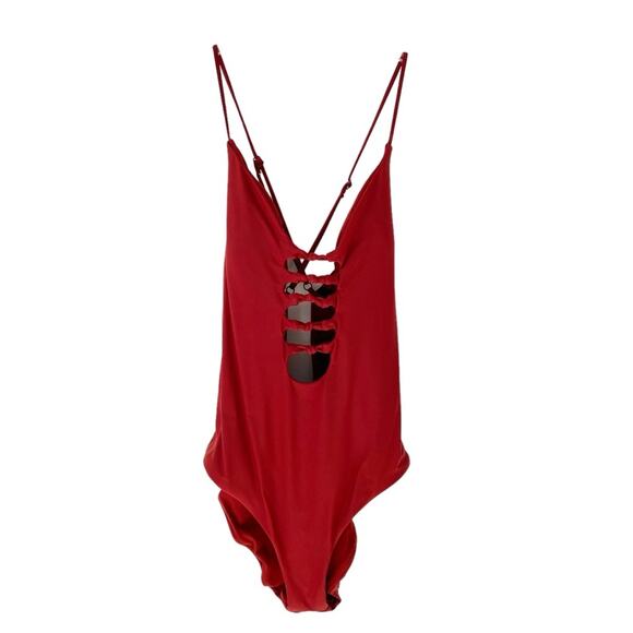 Becca Virtue Love Letter Knotted Cut Out Low Back One Piece Swimsuit XL Maroon - Picture 3 of 8